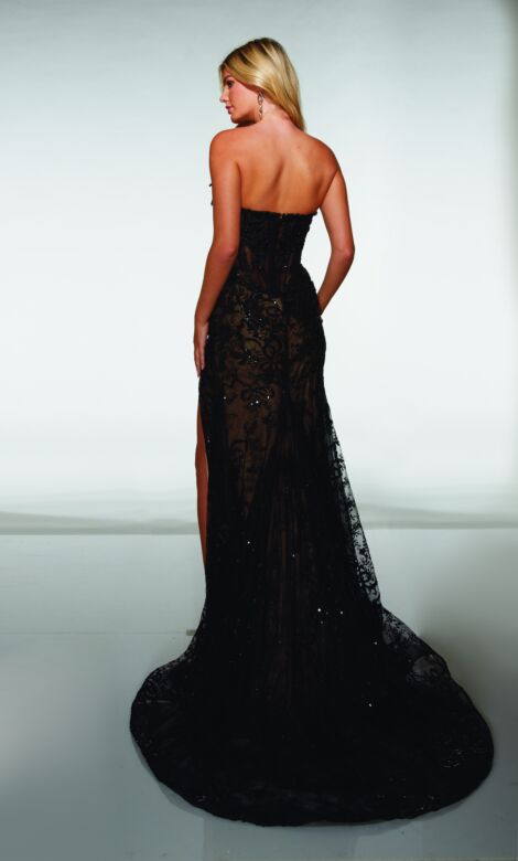 Alyce Paris 62074 High Slit Strapless Sequined Lace Dress