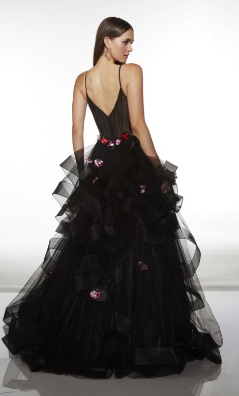 Alyce Paris 62108 Ruffle Floral Skirt V-Back Dress