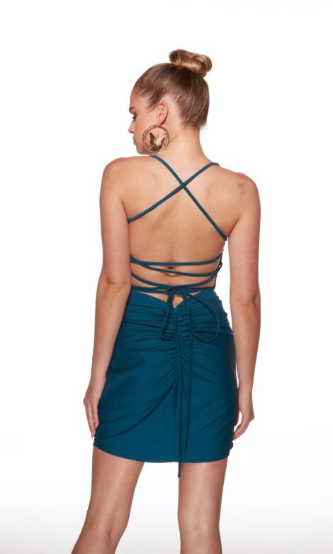 Alyce Paris 40021 Lace-Up Back Ruched Jersey Dress
