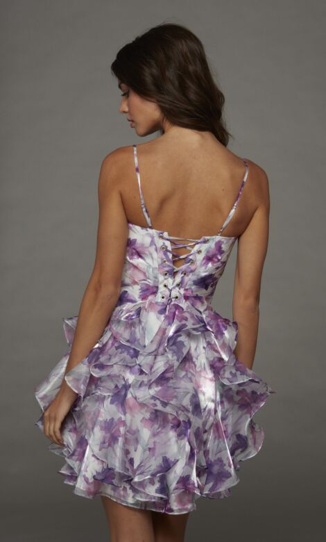 Alyce Paris 30116 Ruffle Skirt Purple Floral Organza Dress