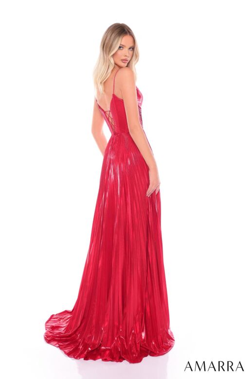 Amarra 88098 Plunging Neckline Pleated Metallic Dress