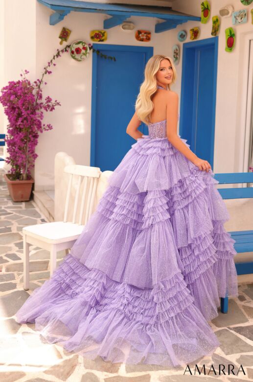 Amarra 88226 Ruffle Skirt Plunging Halter Corset Dress