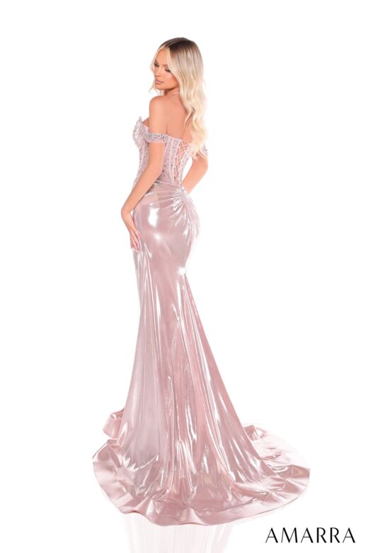 Amarra 88254 Embellished Corset High Slit Metallic Dress
