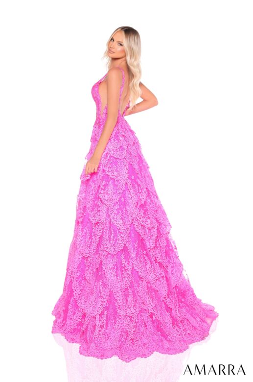 Amarra 88265 Layered Skirt Plunging Neckline Glitter Dress