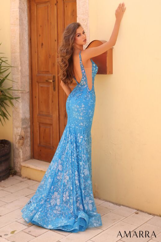 Amarra 88275 Bare Back High Slit Floral Glitter Dress