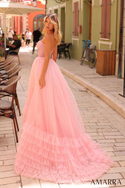 Amarra 88277 Sheer Corset Ruffle Hem Strapless Dress