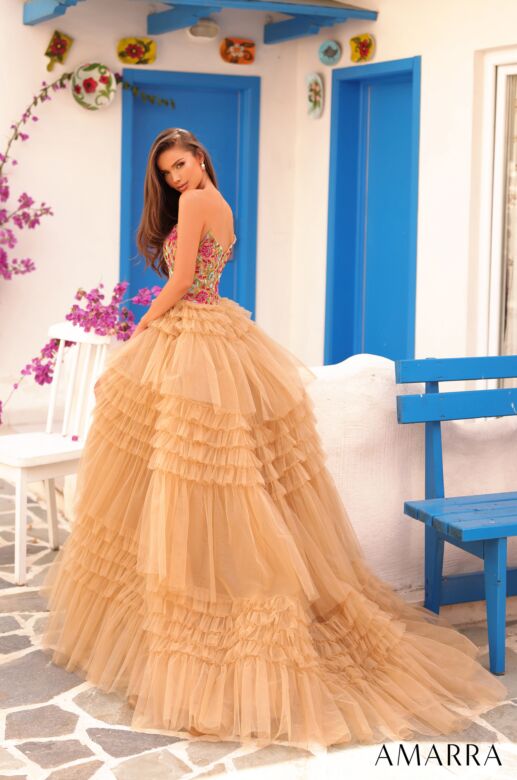 Amarra 88369 Ruffle Skirt Floral Top Strapless Dress