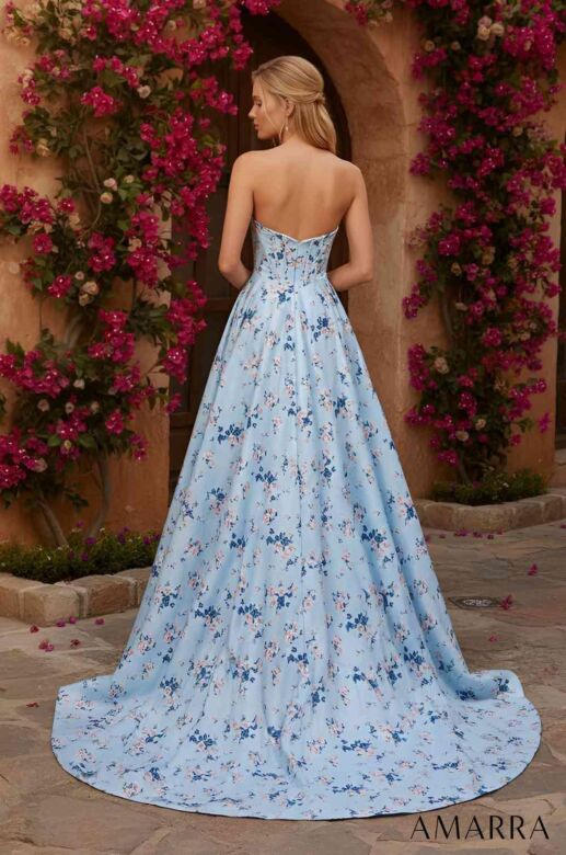 Amarra 89614 Basque Waist Floral Strapless A-Line Dress