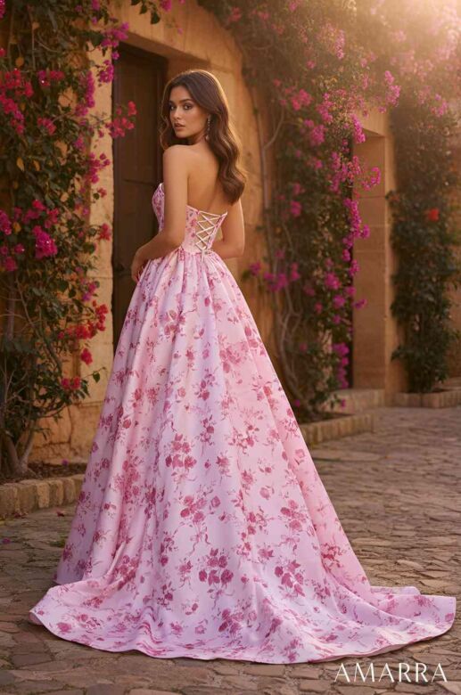Amarra 89615 Floral Corset Bodice High Slit Dress