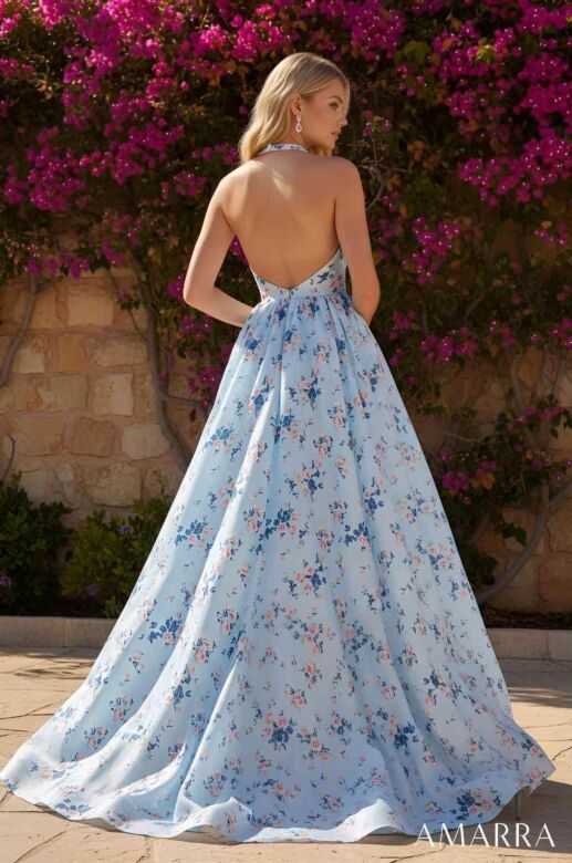 Amarra 89616 Plunging Halter Neck Floral A-Line Dress