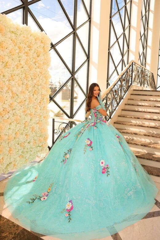 Amarra 54200 Floral Appliques Glitter Lace Quinceanera Dress
