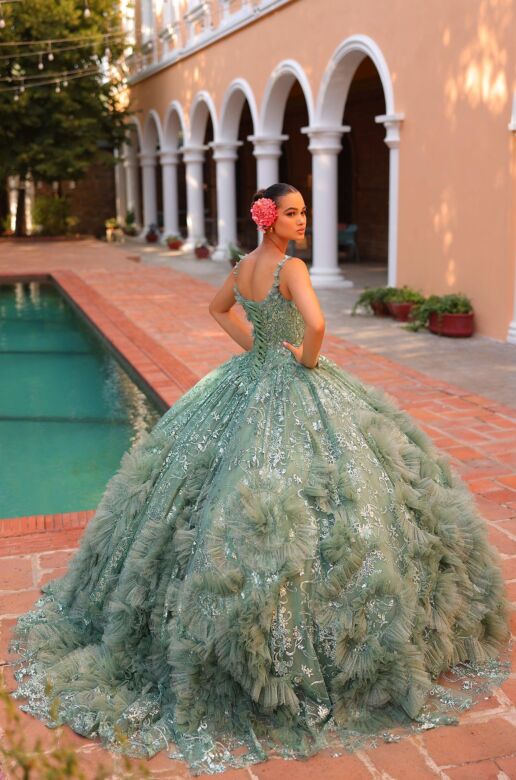 Amarra 54314 Ruffle Skirt Hooded Cape Sweet 16 Gown