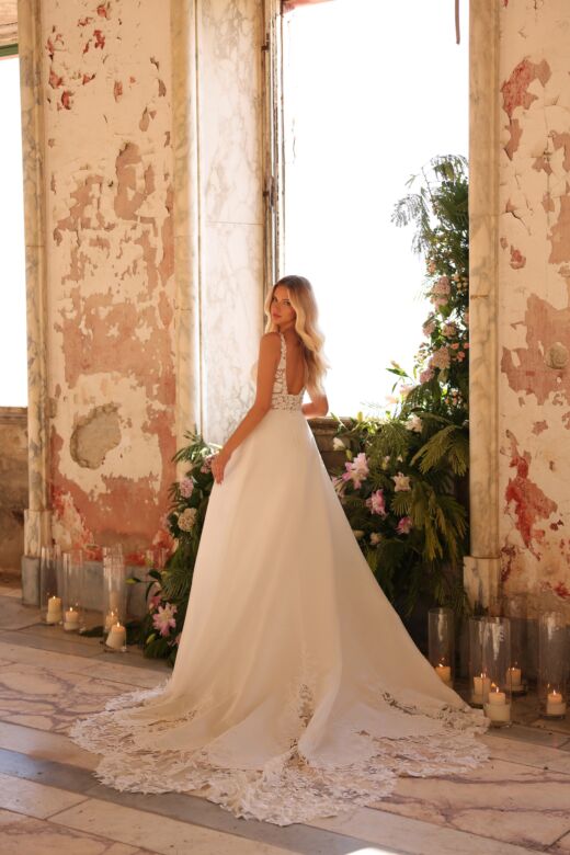 Amarra 89117 Mila Sheer Petal Train Plunging Neck Bridal Gown