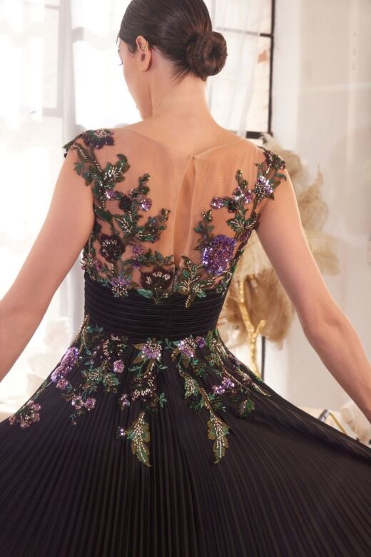Andrea and Leo A1355 A-Line Pleated Satin Floral Applique Evening Gown