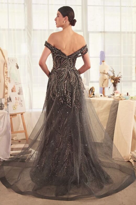 Andrea and Leo A1375 Off-The-Shoulder Sheer Overskirt Formal Gown