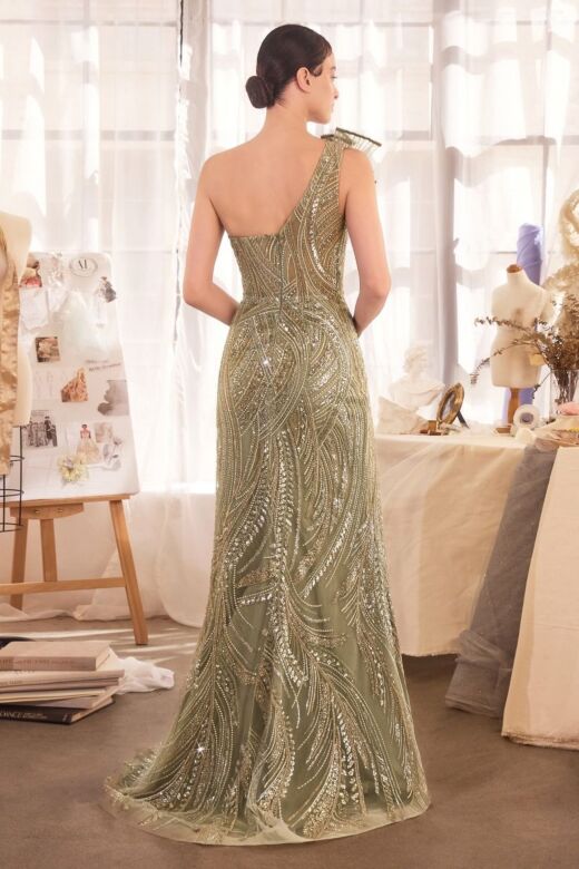 Andrea and Leo A1435 One-Shoulder Pleated Fan Bodice Evening Gown