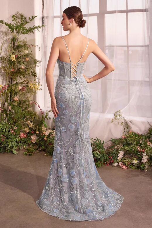 Andrea and Leo A1393 Plunging Neckline Floral Glitter Dress