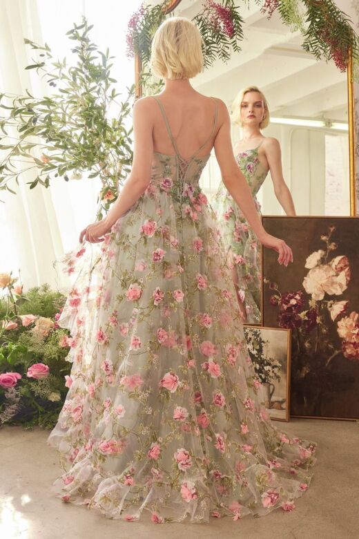 Andrea and Leo A1420 Layered Skirt Lace-Up Floral Dress