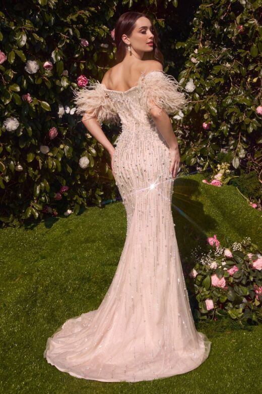 Andrea and Leo MA102 Feather Strap Pearl Beaded Dress