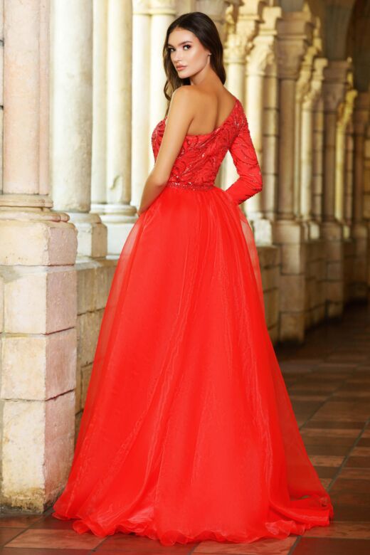 Ava Presley 38828 Long Sleeve One-Shoulder Overskirt Dress