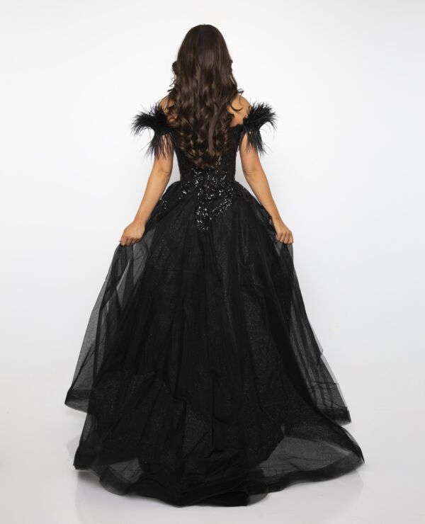 Ava Presley 39213 Feather Strap High Slit Dress
