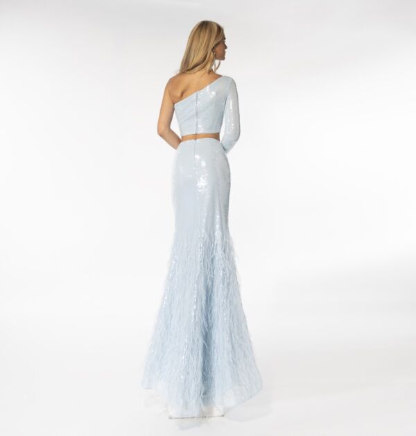 Ava Presley 39243 One-Shoulder Sleeve Feather Skirt Dress