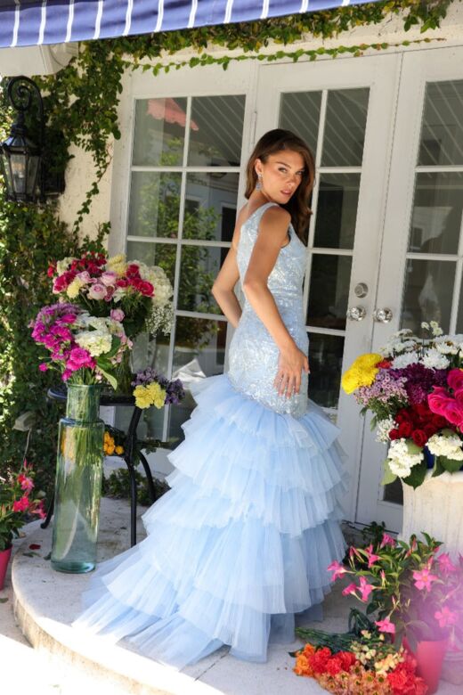 Ava Presley 29254 Asymmetric Neck Ruffle Trumpet Skirt Dress