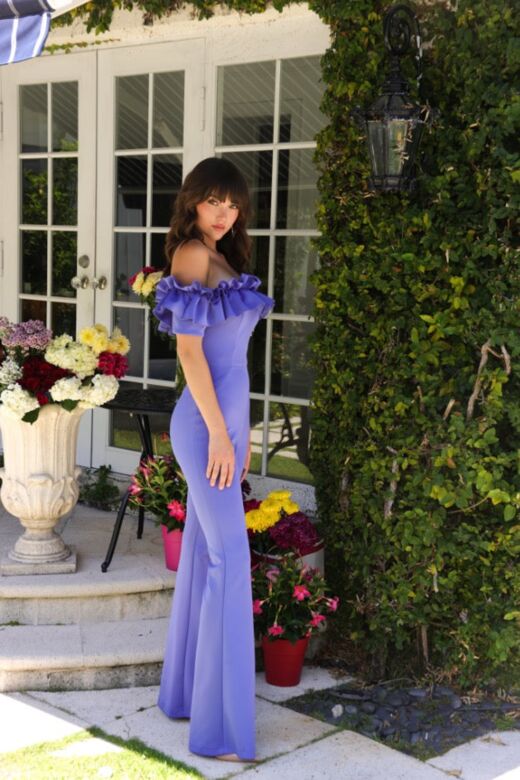 Ava Presley 39574 Off The Shoulder Ruffle Neck Slim-Flare Jumpsuit
