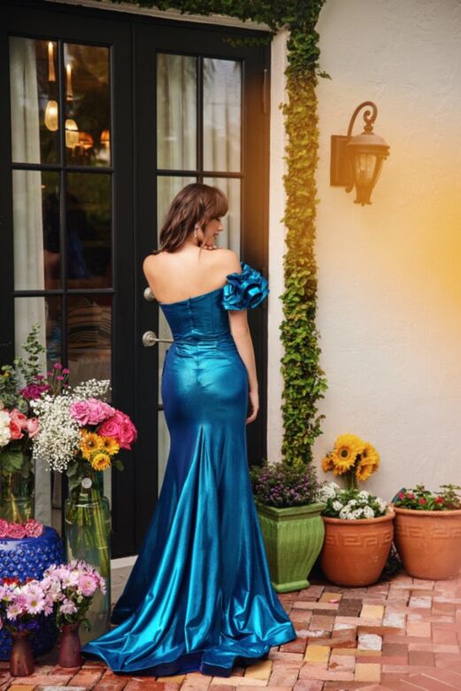 Ava Presley 40082 One-Shoulder Ruffle Slit Metallic Dress