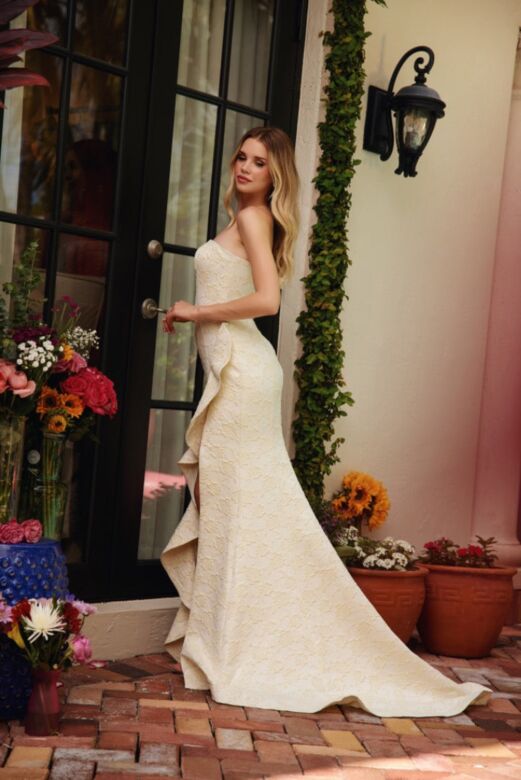 Ava Presley 40146 Ruffle Slit One-Shoulder Brocade Dress