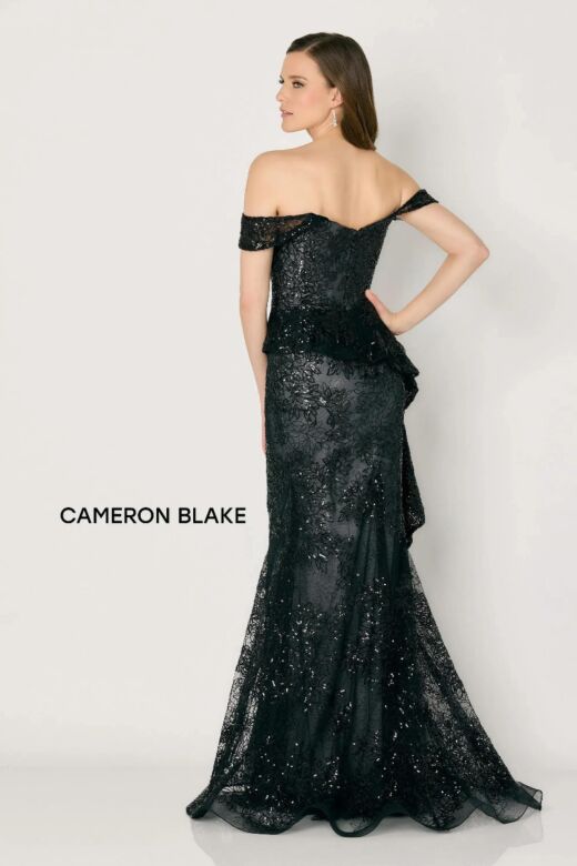 Cameron Blake CB791 Asymmetric Peplum Off-The-Shoulder Dress