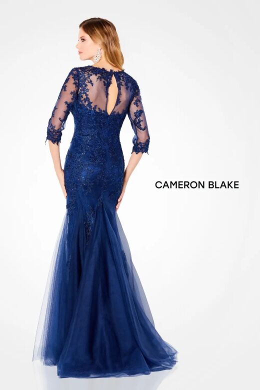 Cameron Blake 220644 Sheer Sleeve Keyhole Back Dress