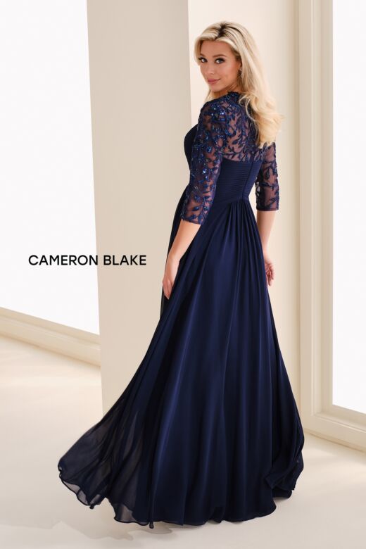 Cameron Blake CB824 Illusion Sleeve Queen Anne Neck Dress