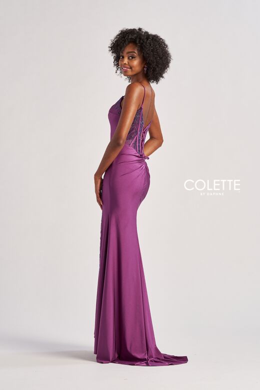Colette CL8485 Beaded Slit Hot Fix Lace-Up Dress