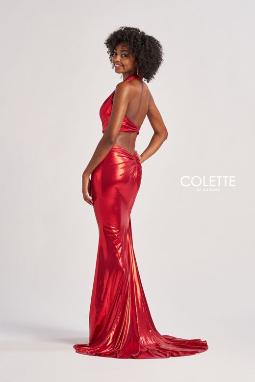 Colette CL8505 Cutout Waist Plunging Halter Metallic Dress