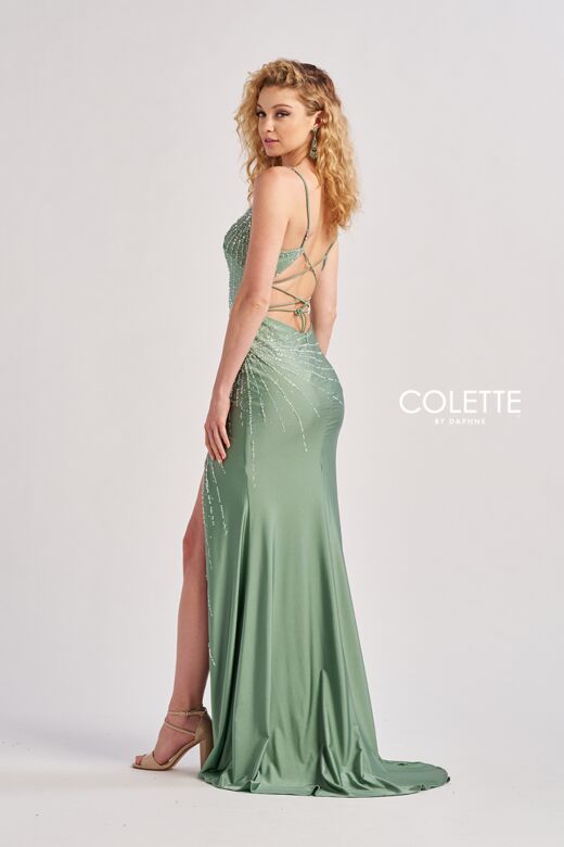 Colette CL8555 Lace-Up Back High Slit Embellished Dress