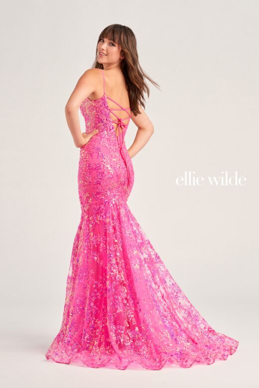 Ellie Wilde EW35013 Plunging Neck Glitter Embroidery Dress