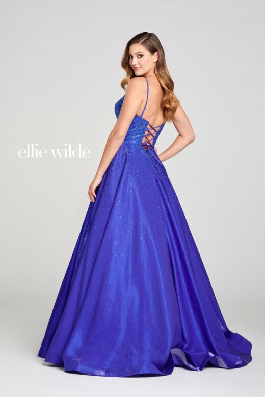 Ellie Wilde EW121005 Beaded Plunging Neck Lace-Up Back Dress
