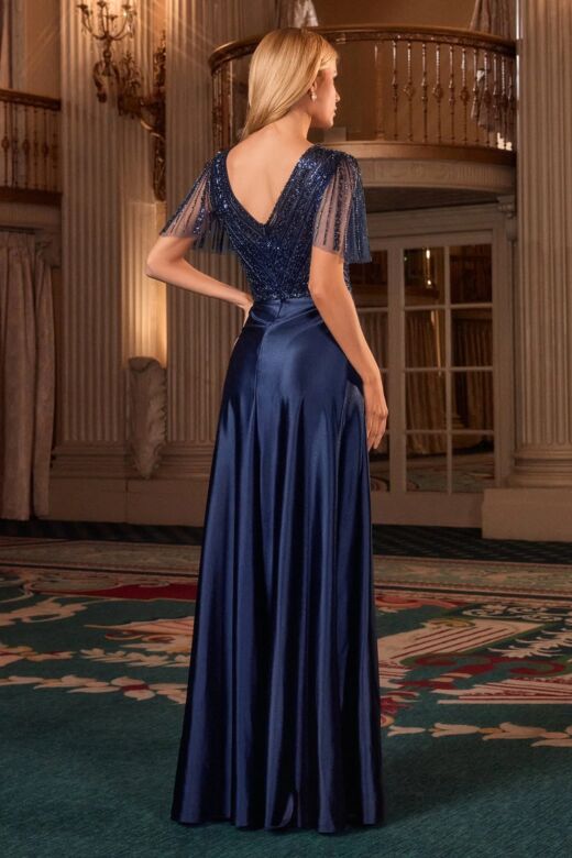 LaDivine CC447 Beaded Bodice Illusion Sleeve A-Line Dress