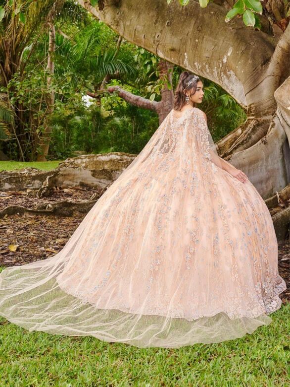 House of Wu LizLou Fiesta 56510 Sheer Cape Corset Top Quince Dress