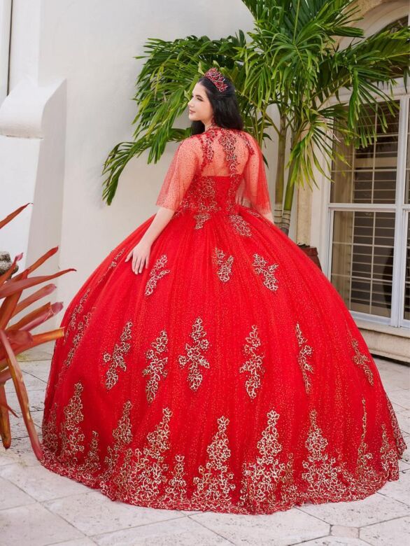 House of Wu LizLou Fiesta 56519 Sheer Cape V-Neck Quince Gown