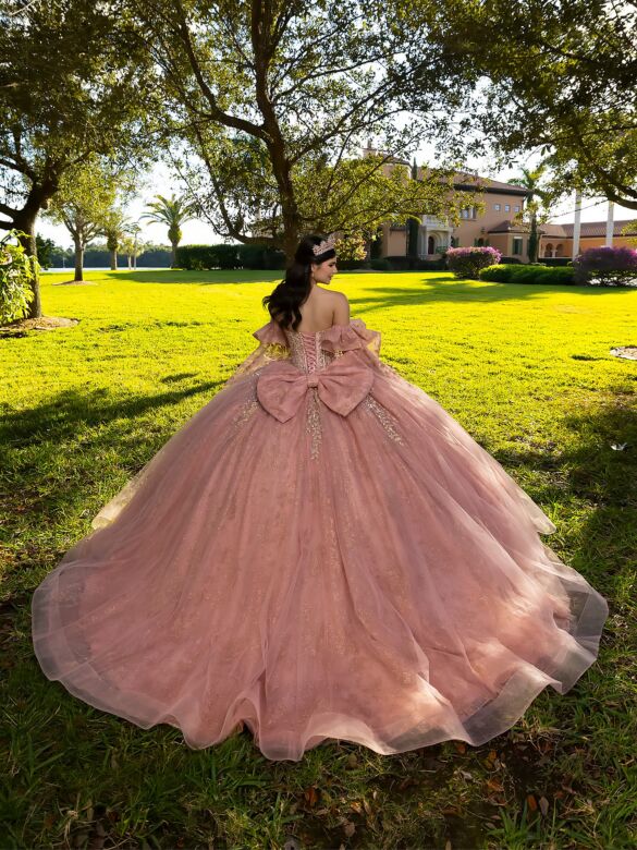 House of Wu 56566 Rose Gold Ruffle Sleeve Bow Back Dress