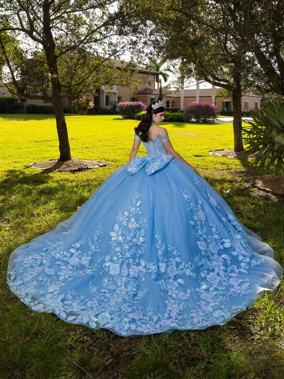 House of Wu 56567 Ocean Blue Chapel Train Floral Dress