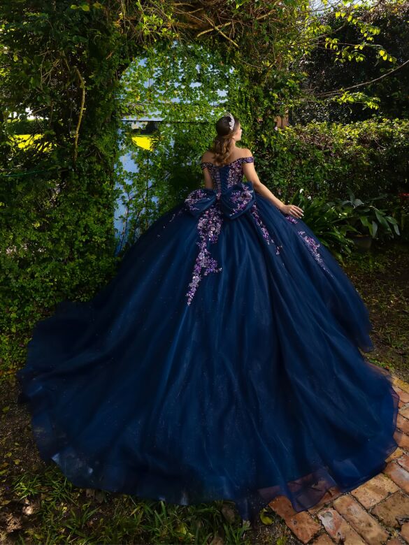 House of Wu 56570 Navy Multicolor Bow Back Off The Shoulder Dress