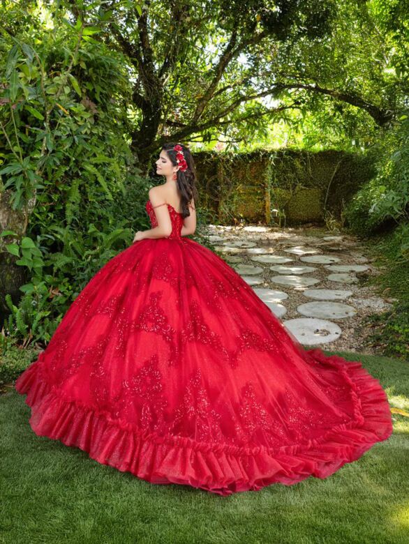 House of Wu 56531 Ruffle Train Sheer Bodice Quinceanera Gown