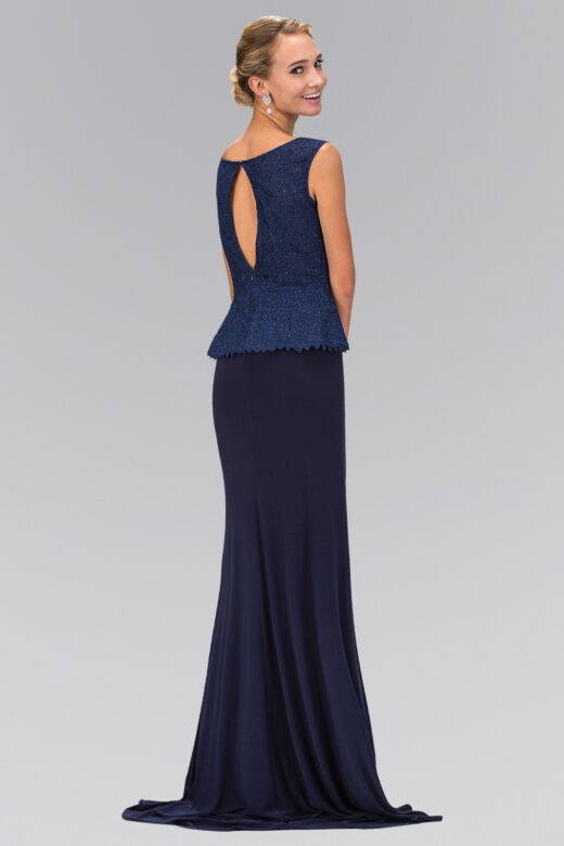 Elizabeth K GL1422 Bateau Neck Sleeveless Peplum Lace Dress