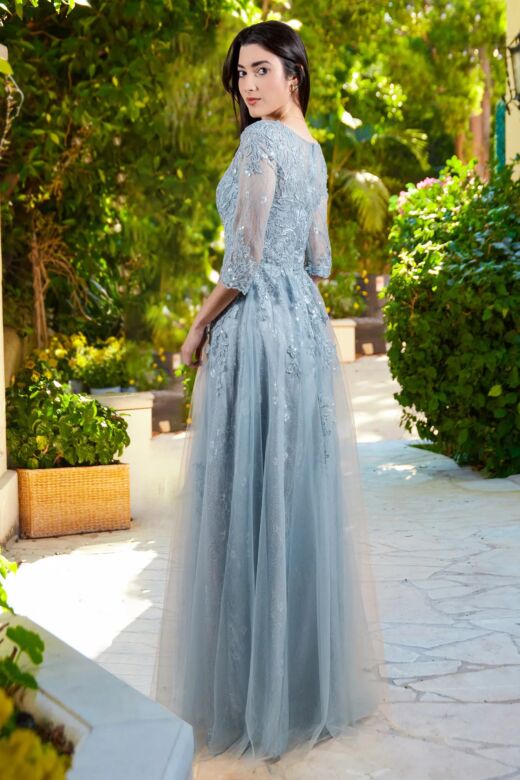 Elizabeth K GL3629 Three Quarter Sleeve A-Line Lace Dress