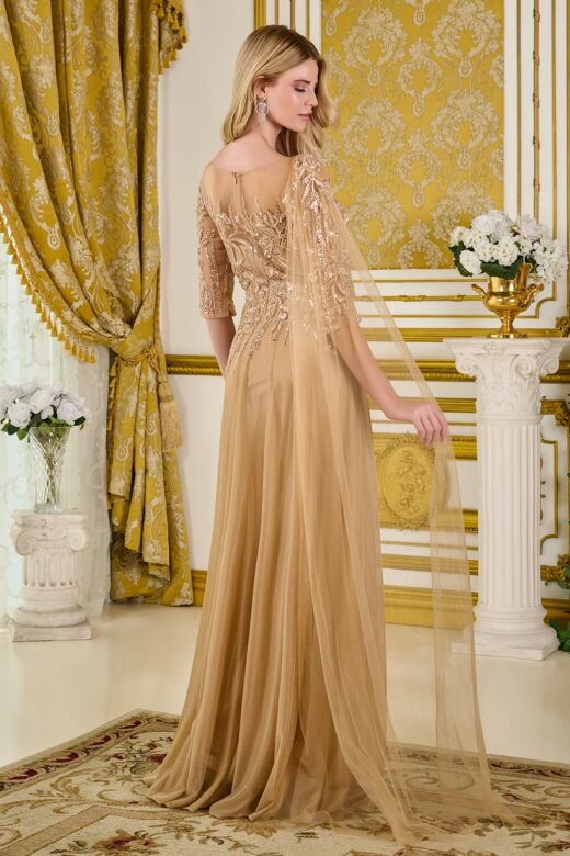 GLS by Gloria GL3788 Illusion Bateau Neckline Champagne Dress
