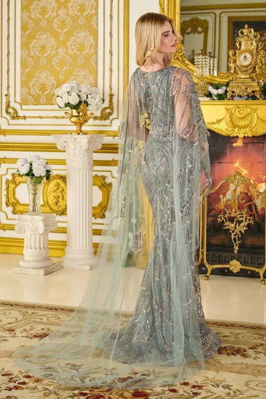 GLS by Gloria GL3834 Gray Green Embellished with Cape Dress