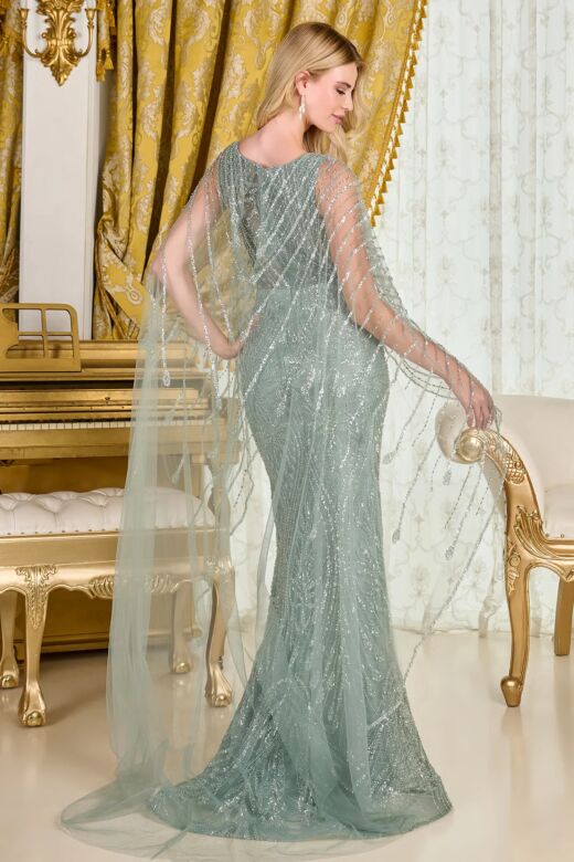GLS by Gloria GL3835 Gray Blue V-Neckline with Cape Dress